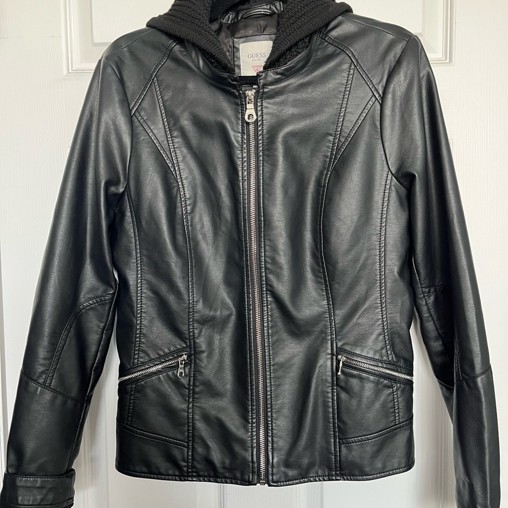 GUESS Women's Black Leather Jacket with Hood